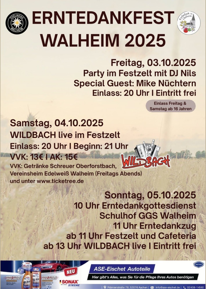 Erntedank in Walheim mit Gottesdienst und Erntedankumzug.